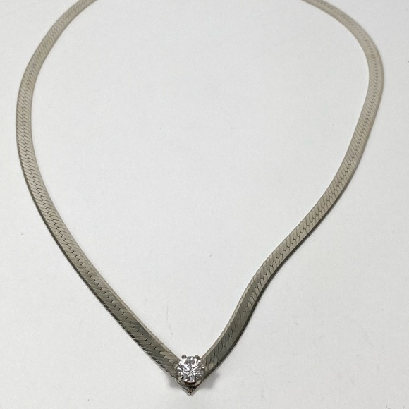 925 Italy Necklace SU Harrington Bone Flat Chain V Style CZ 14.05g - Picture 1 of 14